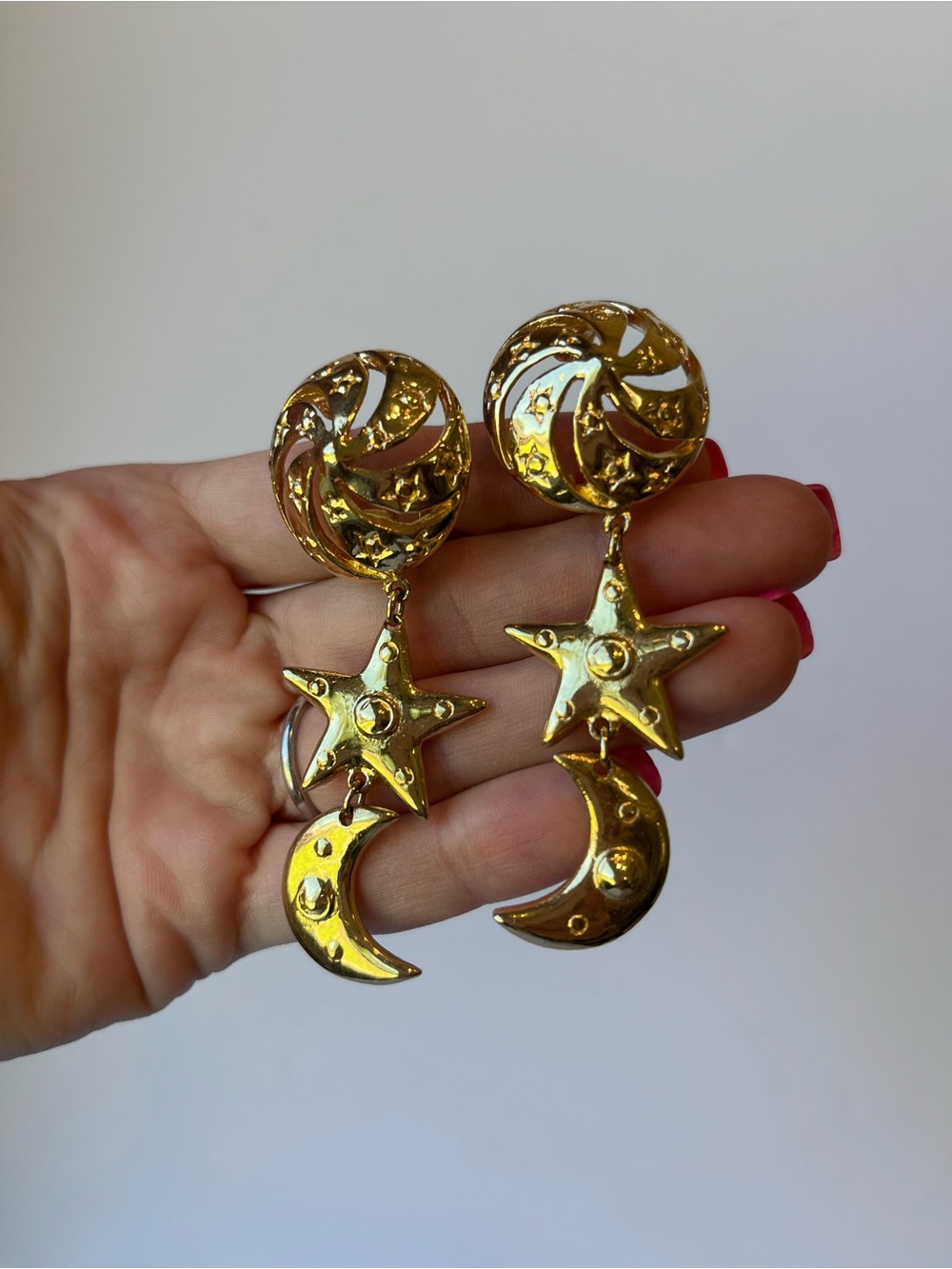 Vintage Sun Moon Stars Gold Tone Clip On Earrings